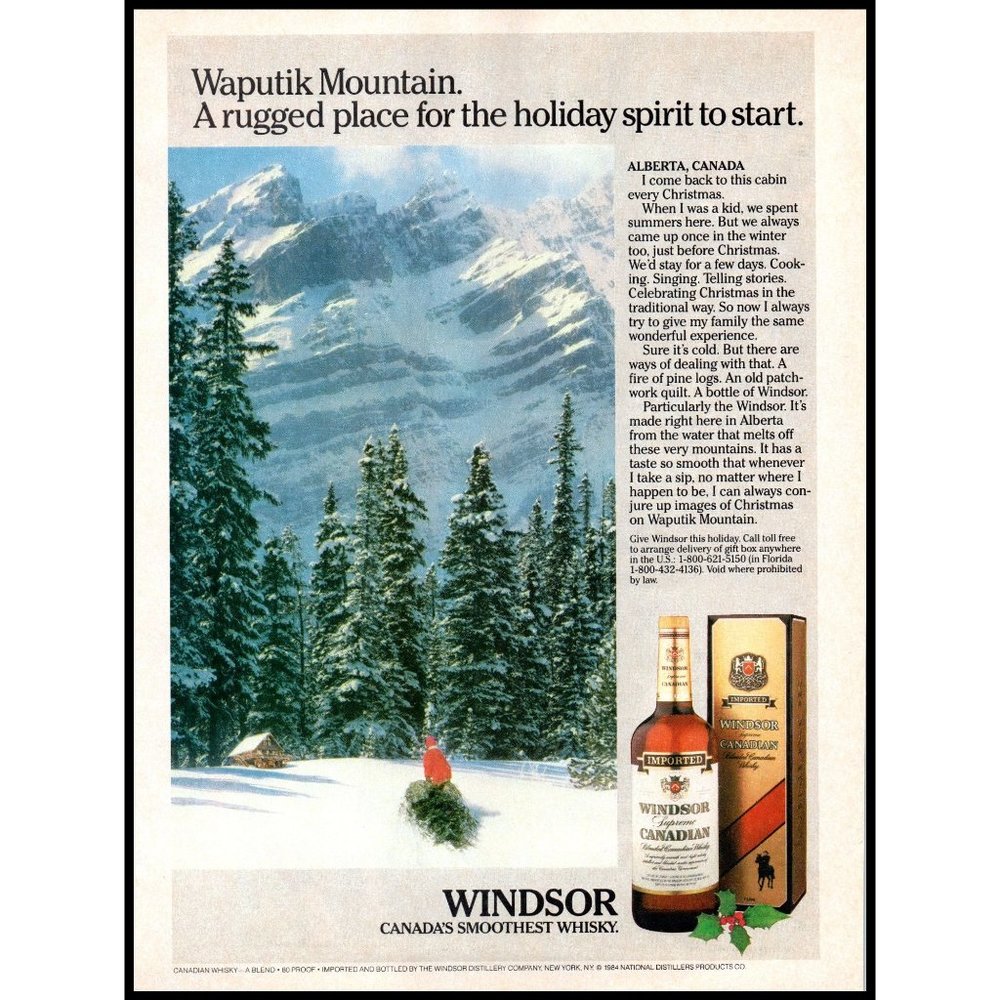 1984 Windsor Canadian Whisky Vintage Print Ad Christmas Tree Waputik Mountain